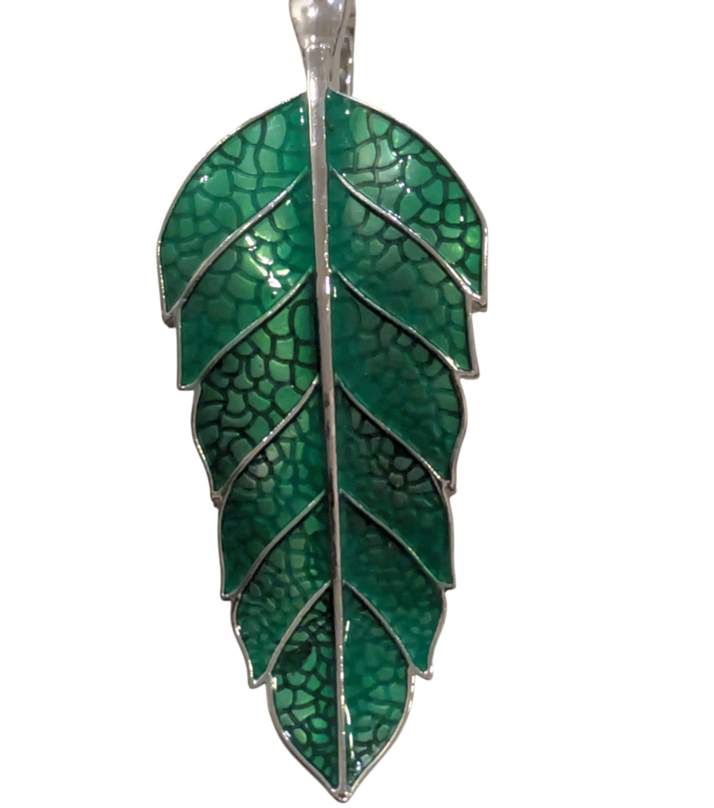 RJM Green Enamel Leaf Pendant Silver Tone